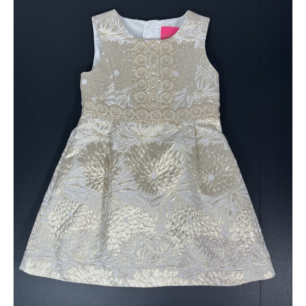 Lilly Pulitzer Girls Sz 4‎ Mini Clare Dress Gold Metallic Full Bloom Brocade